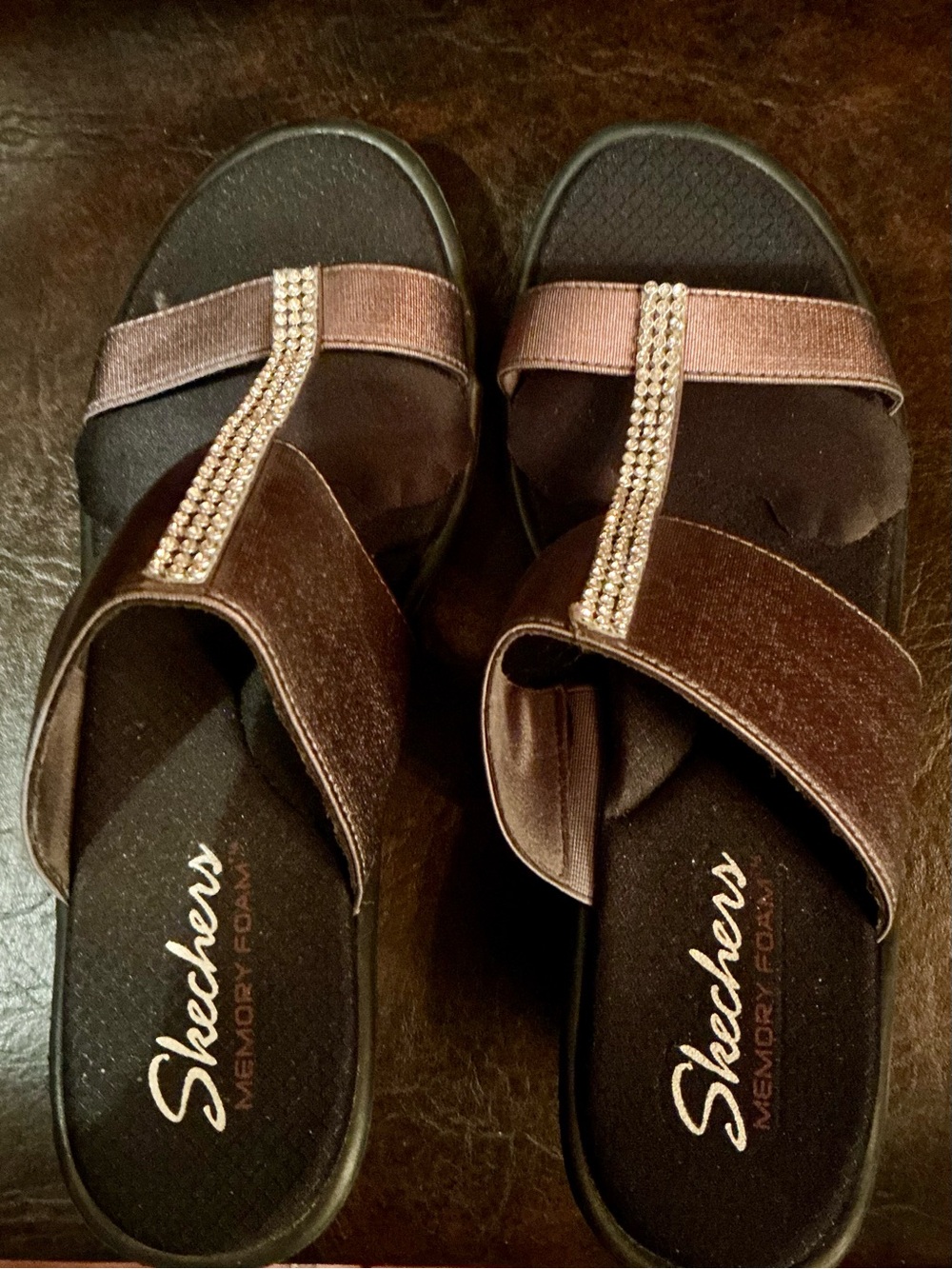 Skechers Brown Velour Slide Sandals with Rhinestone T-Strap